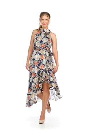 PD-16599 - FLORAL HIGH LOW HALTER DRESS WITH LUREX - Colors: AS SHOWN - Available Sizes:XS-XXL - Catalog Page:23 
